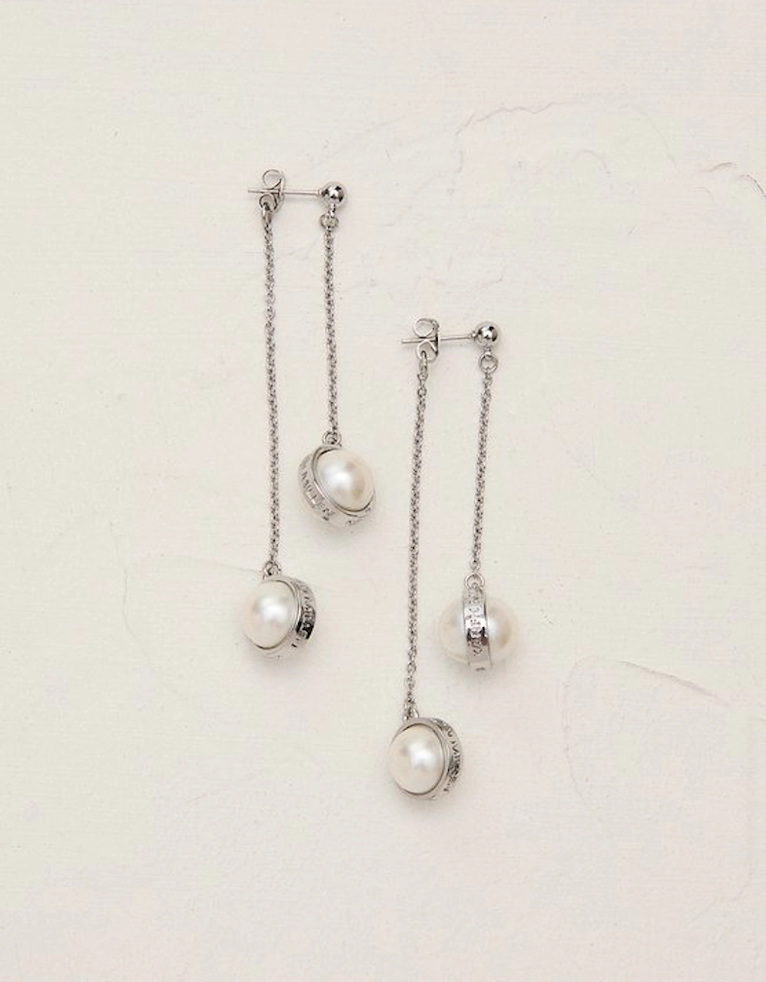 Silver Tone Logo Pearl Double Drop Earrings