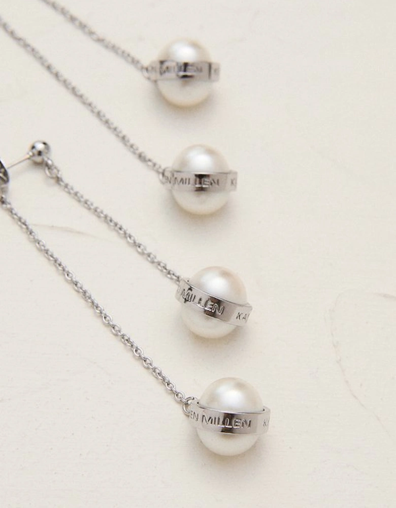 Silver Tone Logo Pearl Double Drop Earrings