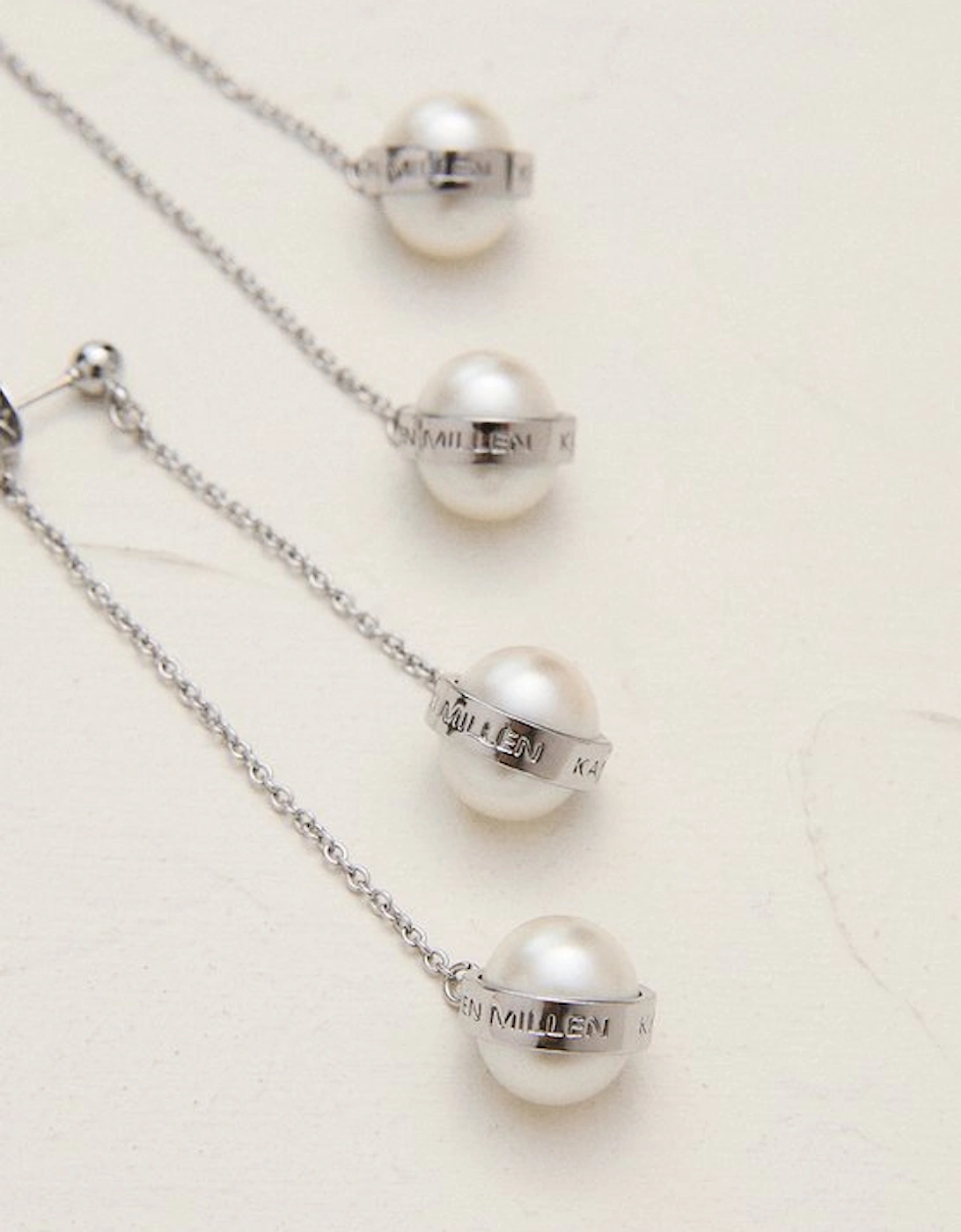 Silver Tone Logo Pearl Double Drop Earrings