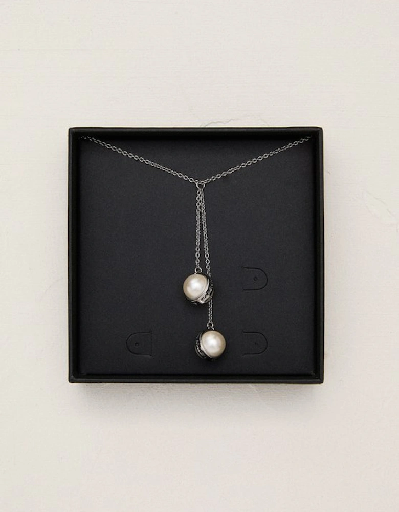 Silver Tone Logo Pearl Double Drop Necklace