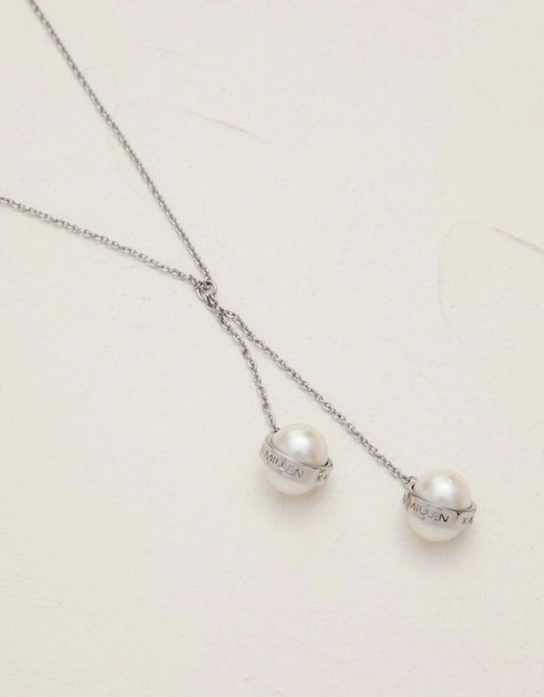 Silver Tone Logo Pearl Double Drop Necklace