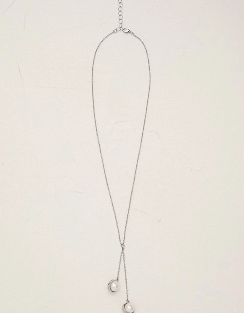 Silver Tone Logo Pearl Double Drop Necklace
