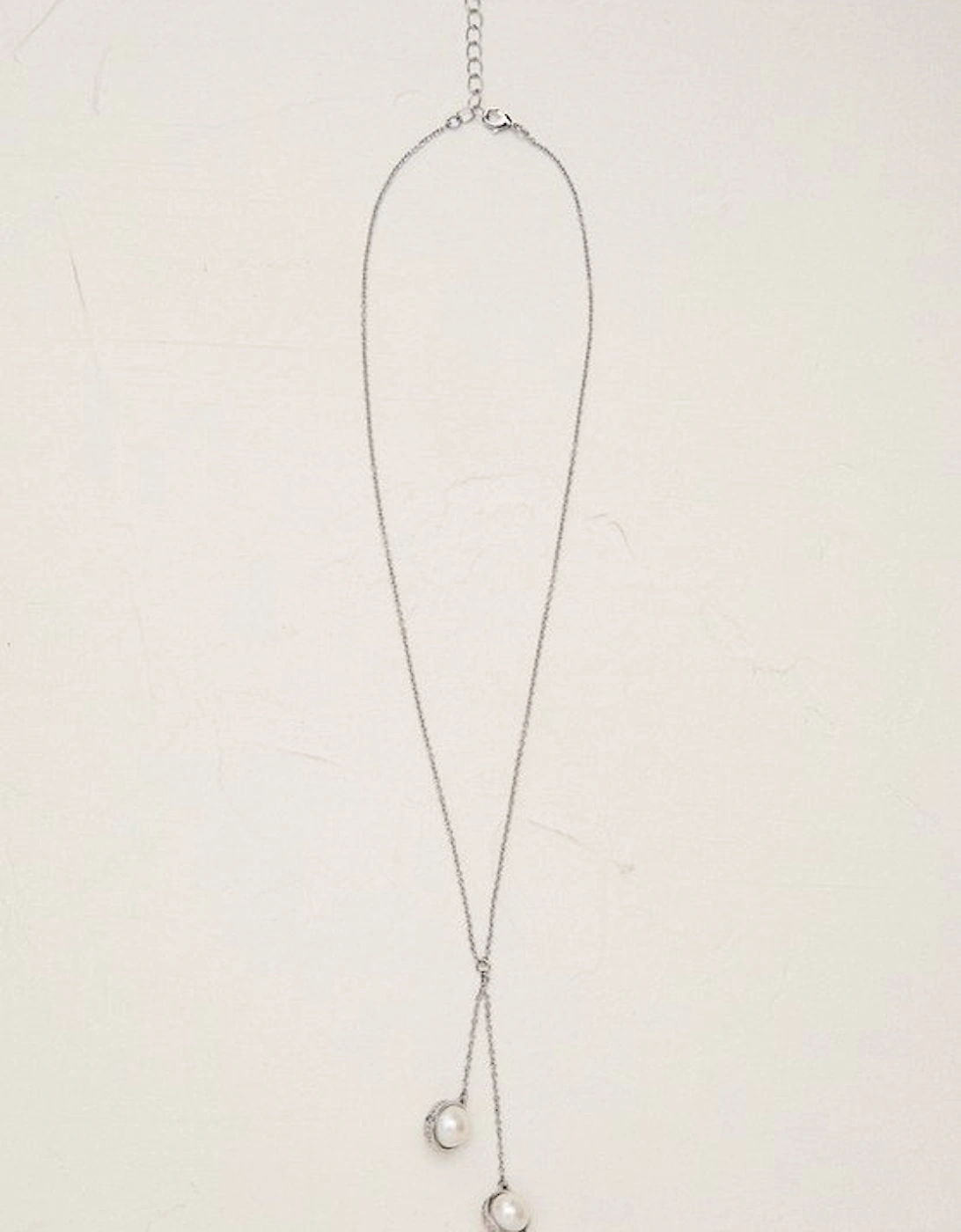 Silver Tone Logo Pearl Double Drop Necklace