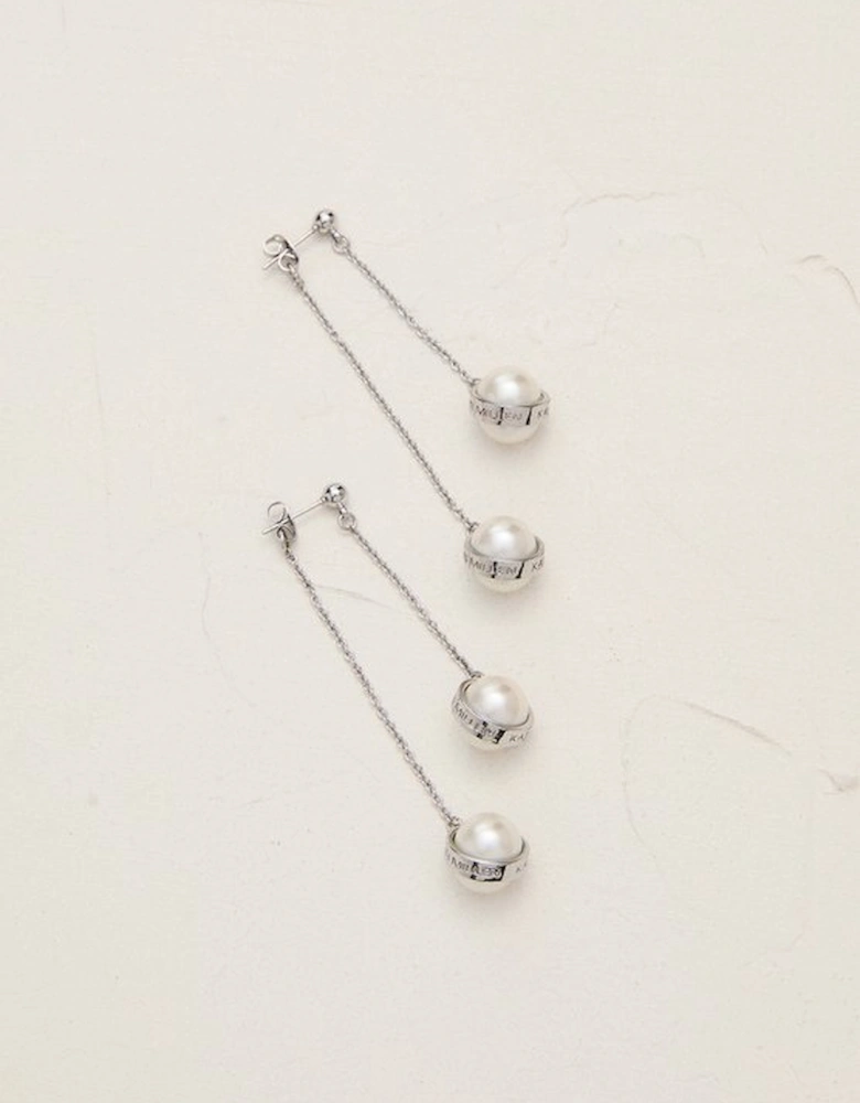 Silver Tone Logo Pearl Double Drop Earrings
