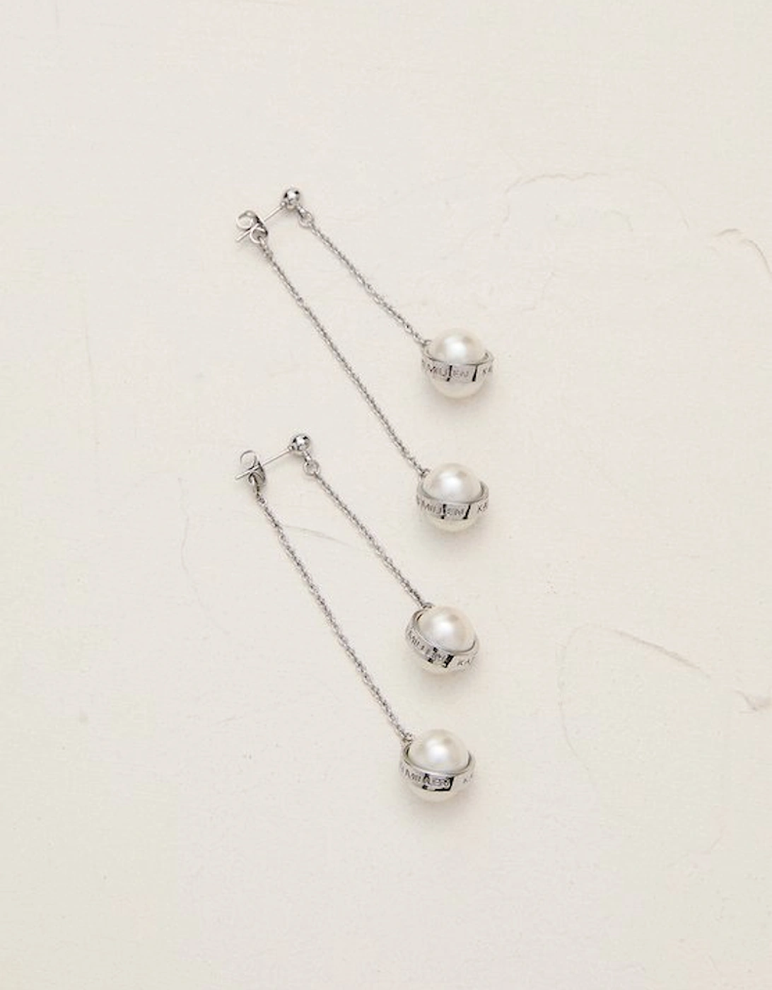 Silver Tone Logo Pearl Double Drop Earrings
