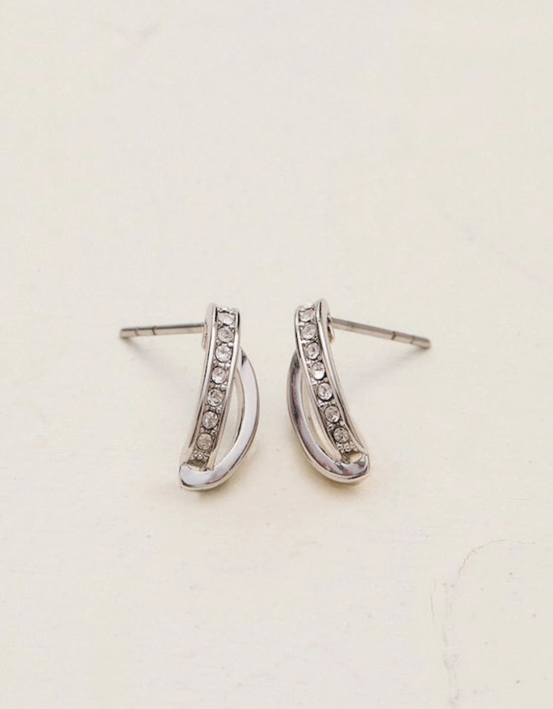 Silver Tone Oval Pavé Chain Stud Earrings