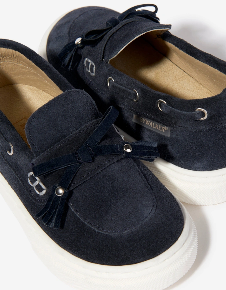 BABYWALKER Boys Suede Bow and Fringe Loafers in Navy