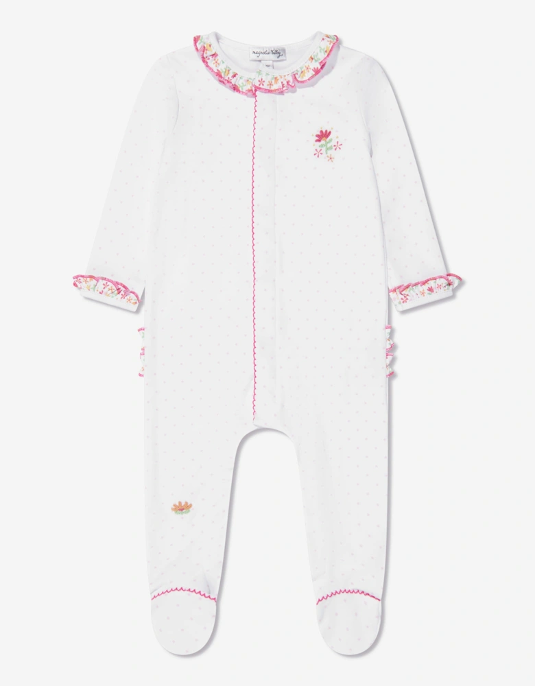 Baby Girls Embroidered Ruffle Babygrow in White