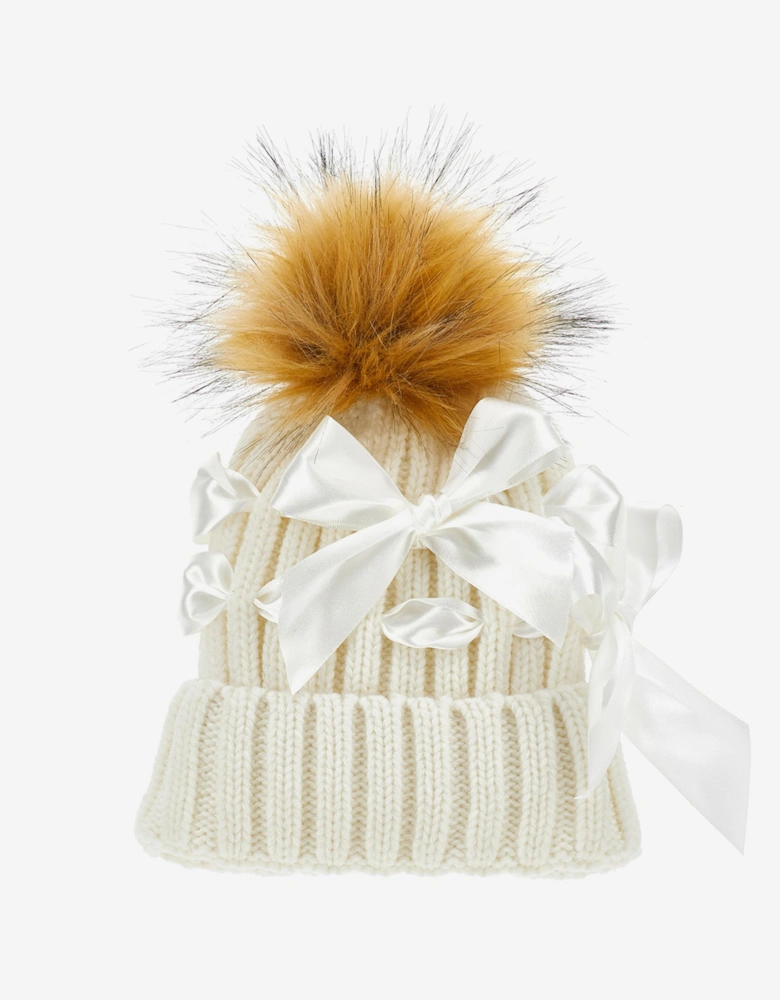 Girls Bow Knitted Pom Pom Hat in Ivory