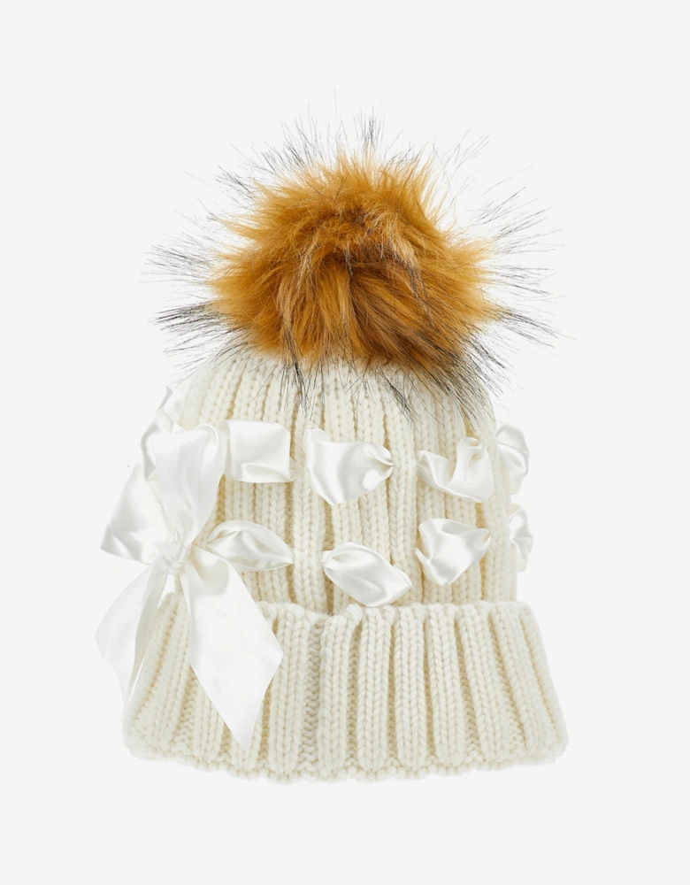 Girls Bow Knitted Pom Pom Hat in Ivory