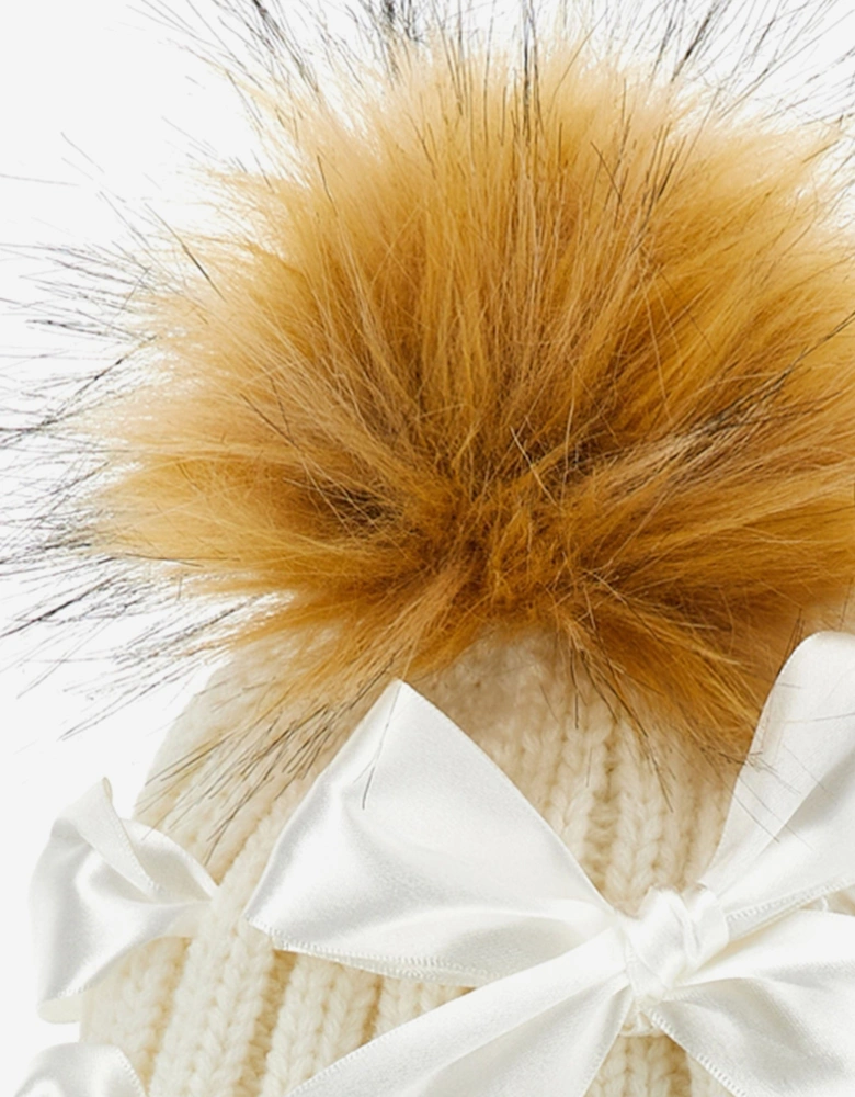 Girls Bow Knitted Pom Pom Hat in Ivory