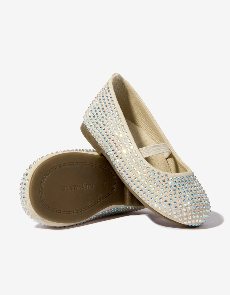 BABYWALKER Girls Suede Swarovski Crystals Allover Ballerinas in Beige
