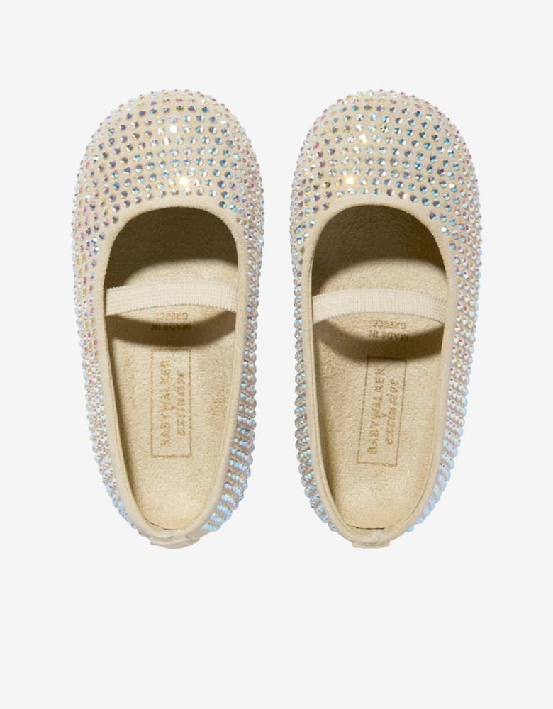 BABYWALKER Girls Suede Swarovski Crystals Allover Ballerinas in Beige