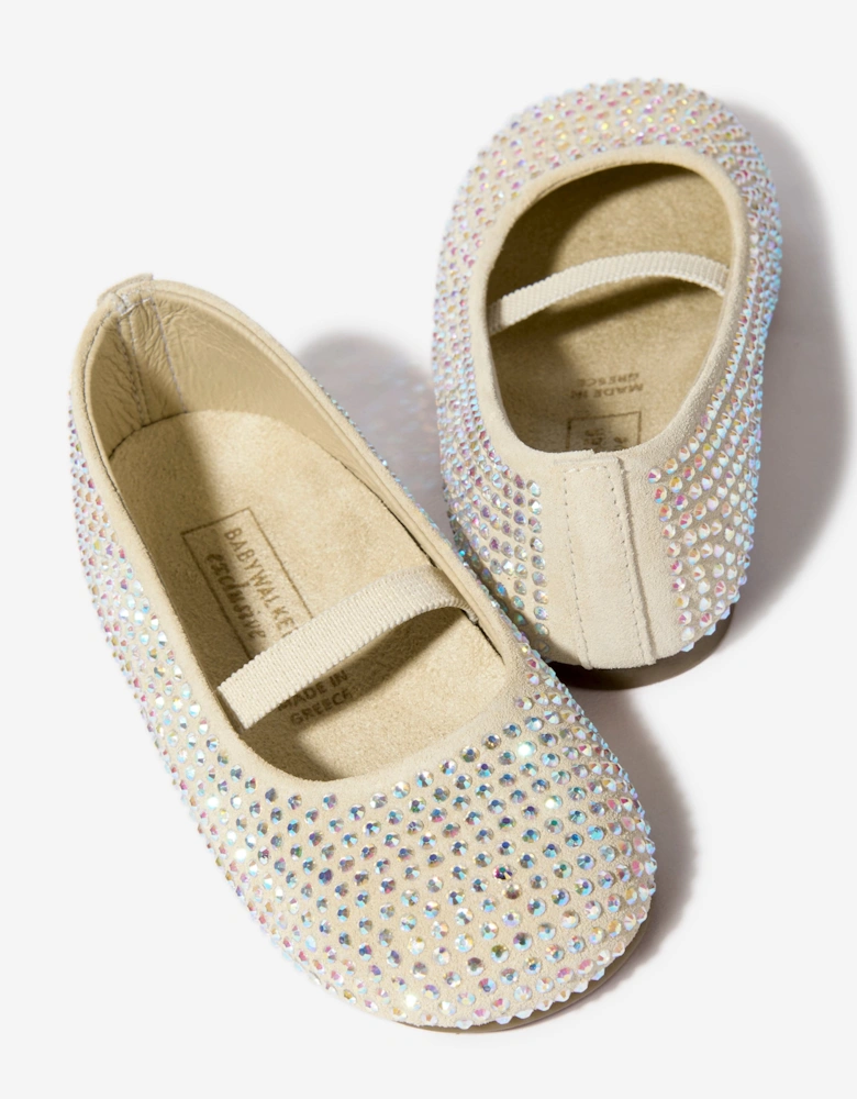 BABYWALKER Girls Suede Swarovski Crystals Allover Ballerinas in Beige