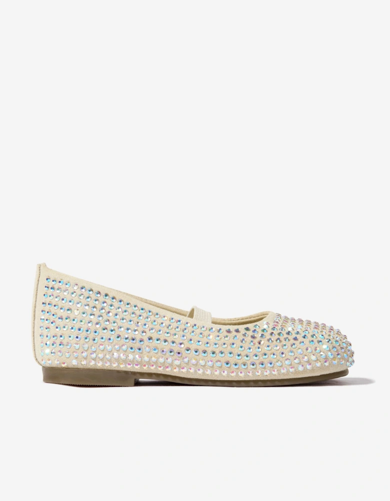 BABYWALKER Girls Suede Swarovski Crystals Allover Ballerinas in Beige