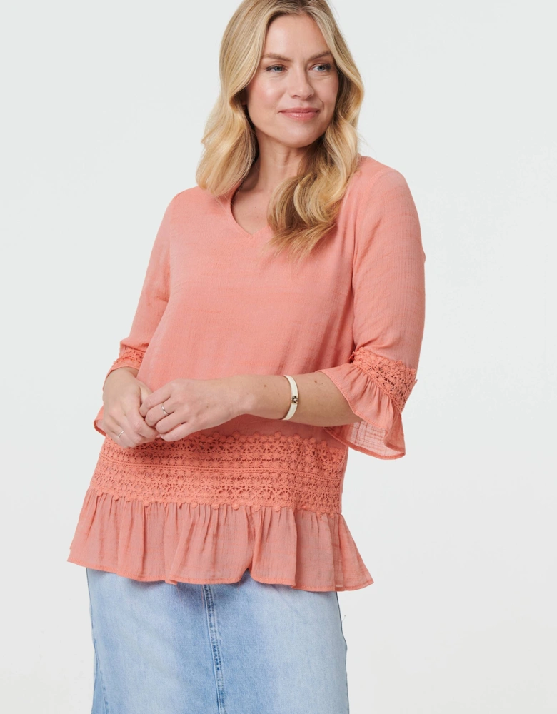 Lace Trim 3/4 Flared Sleeve Blouse