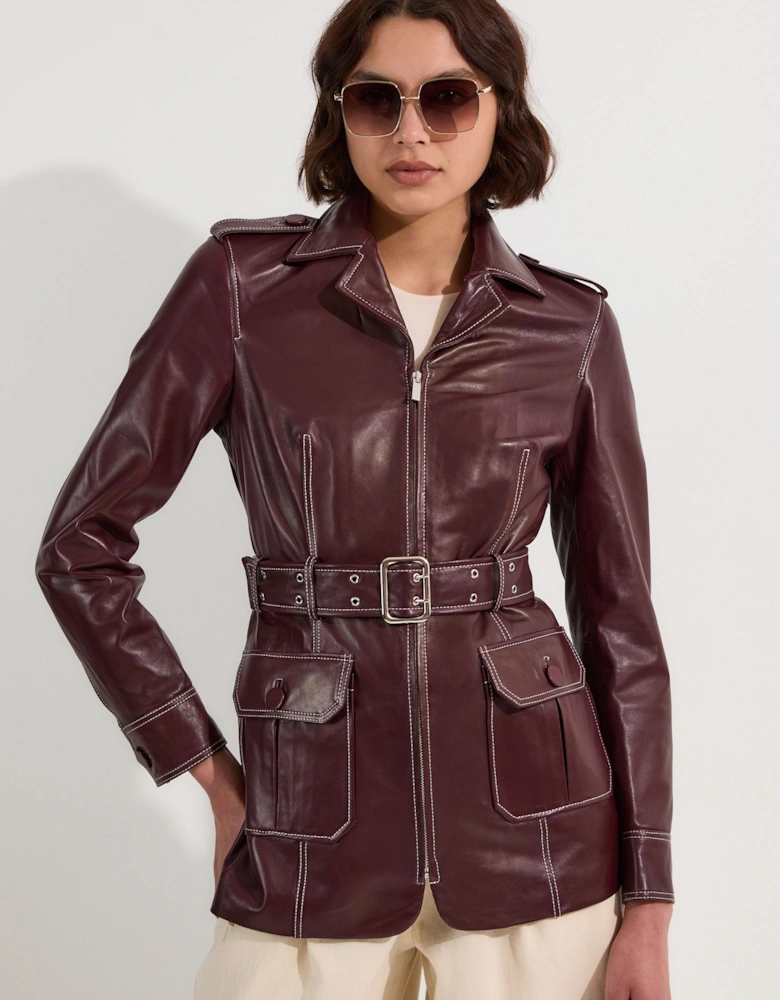 Leather Stitch Detail Tailored Belted Jacket