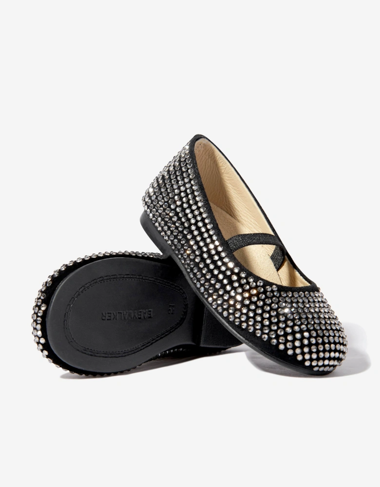 BABYWALKER Girls Suede Swarovski Crystals Allover Ballerinas in Black