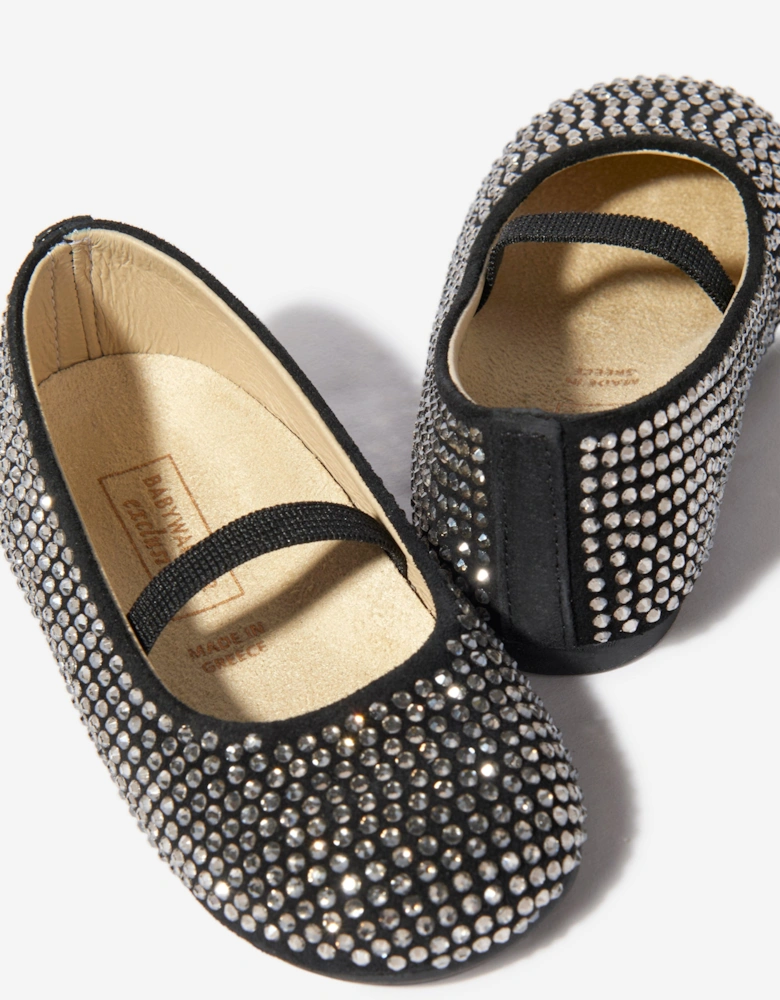 BABYWALKER Girls Suede Swarovski Crystals Allover Ballerinas in Black