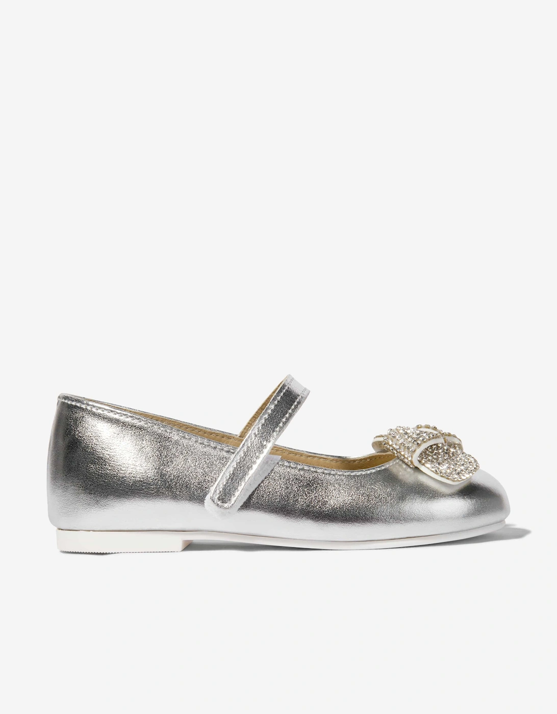 BABYWALKER Girls Leather Crystal Bow Ballerinas in Silver, 5 of 4