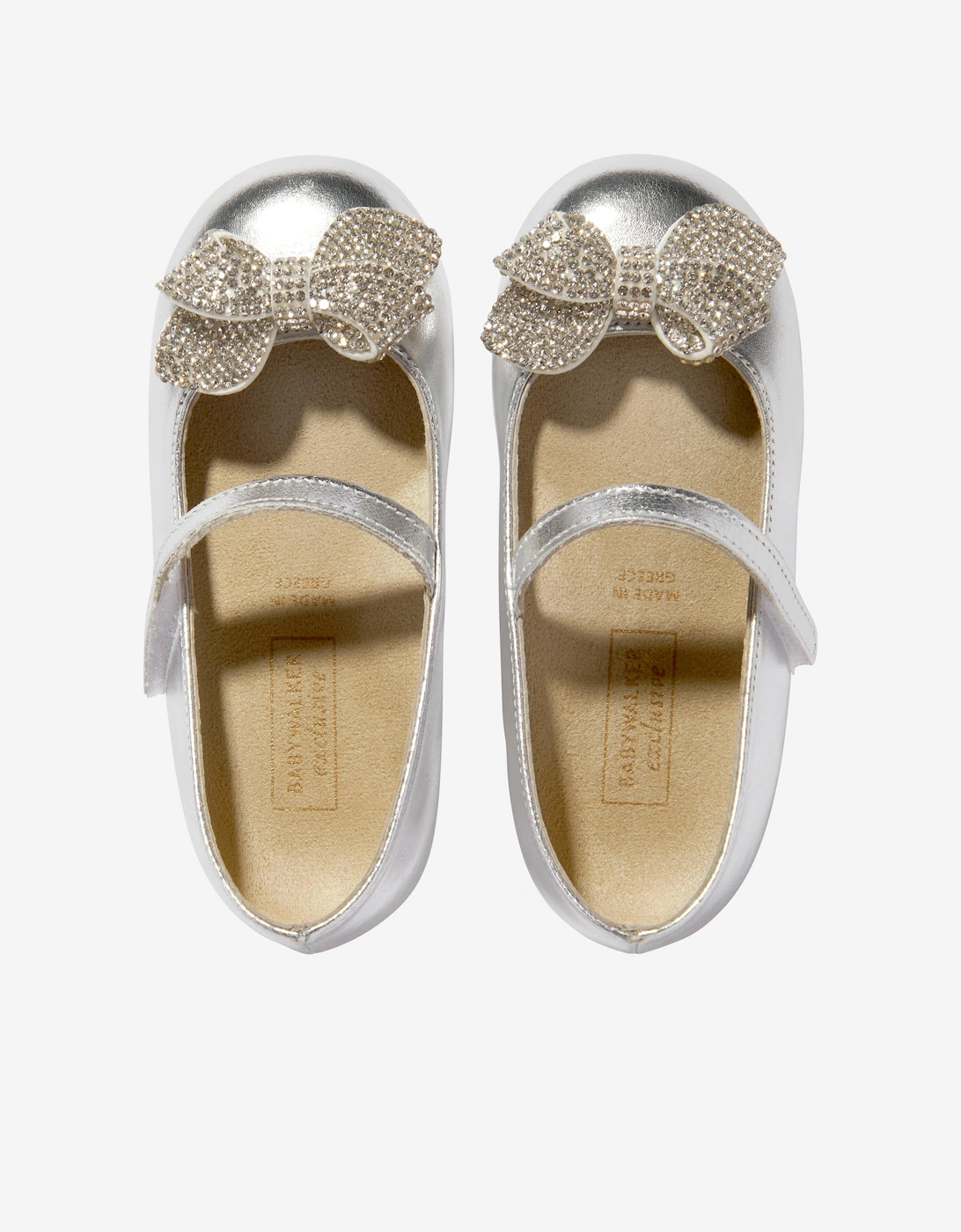BABYWALKER Girls Leather Crystal Bow Ballerinas in Silver