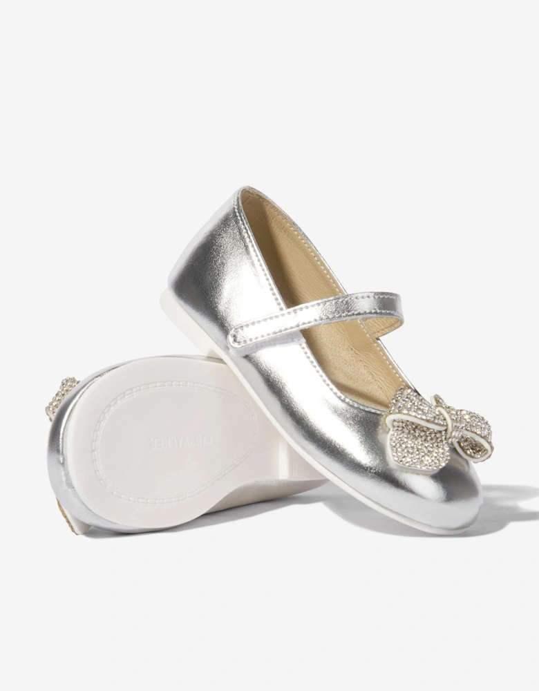 BABYWALKER Girls Leather Crystal Bow Ballerinas in Silver
