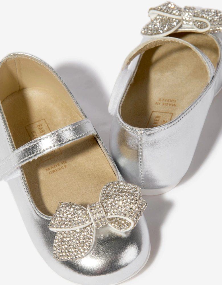 BABYWALKER Girls Leather Crystal Bow Ballerinas in Silver
