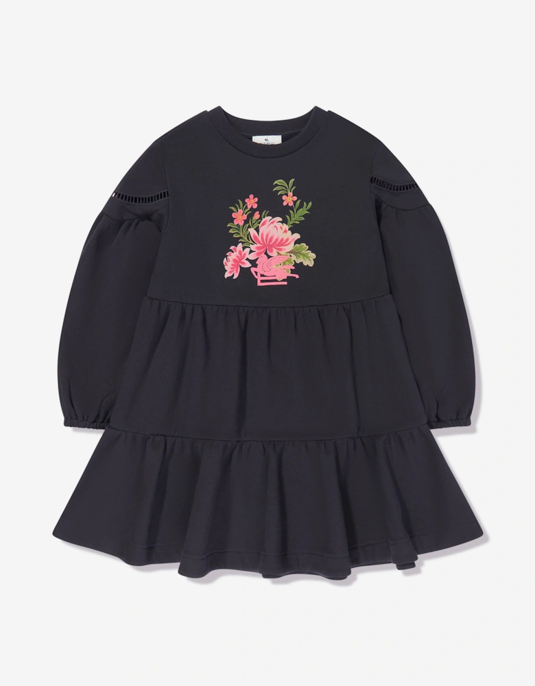 Girls Flower Jersey Dress in Navy