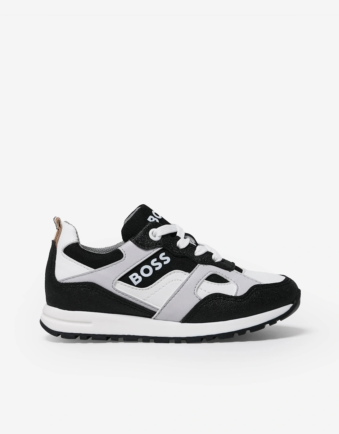 BOSS Boys Lace Up Logo Trainers in Black, 6 of 5