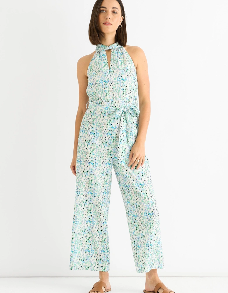 Blue Petit Halter Neck Keyhole Wide Leg  Crop Jumpsuit