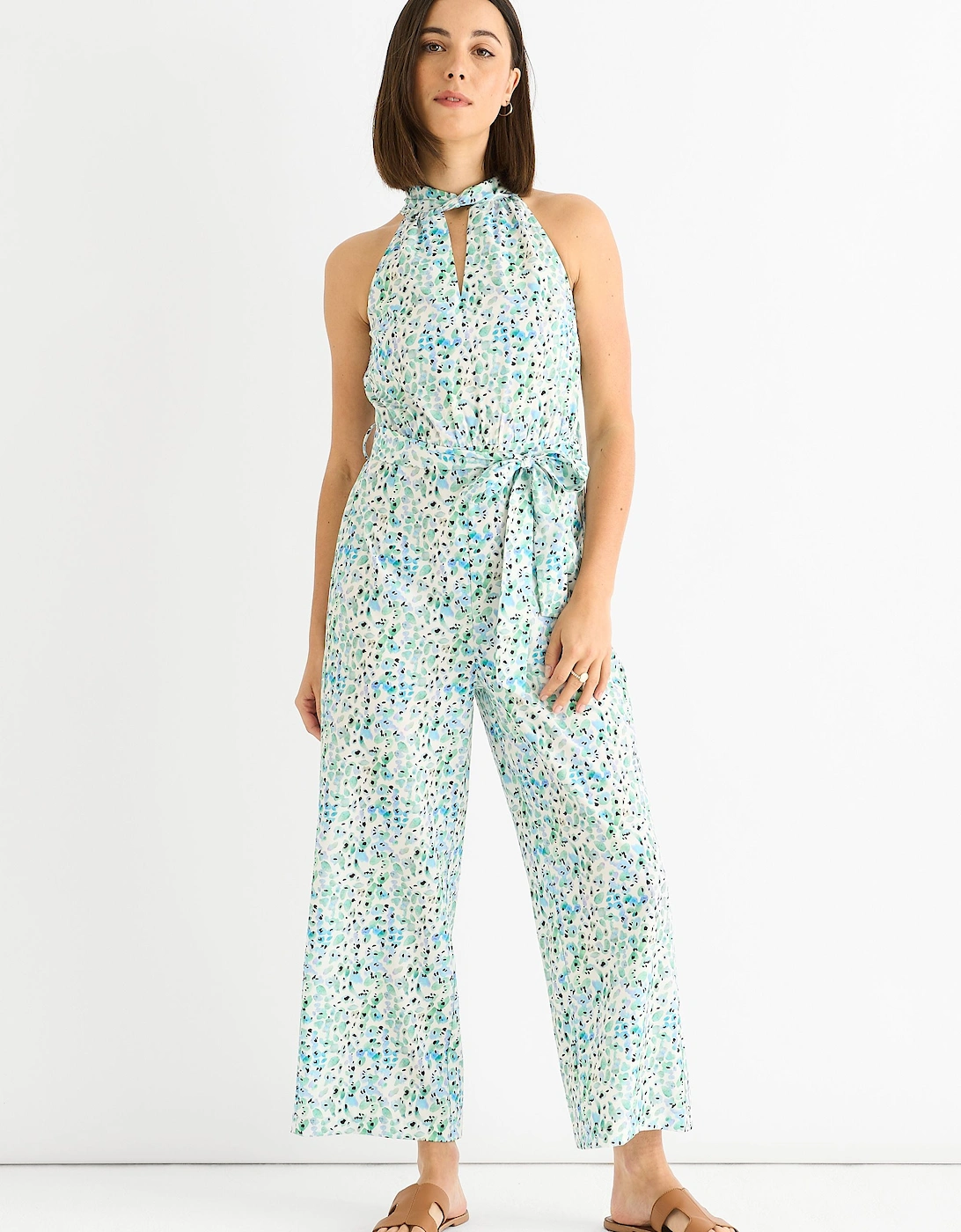 Blue Petit Halter Neck Keyhole Wide Leg  Crop Jumpsuit, 2 of 1