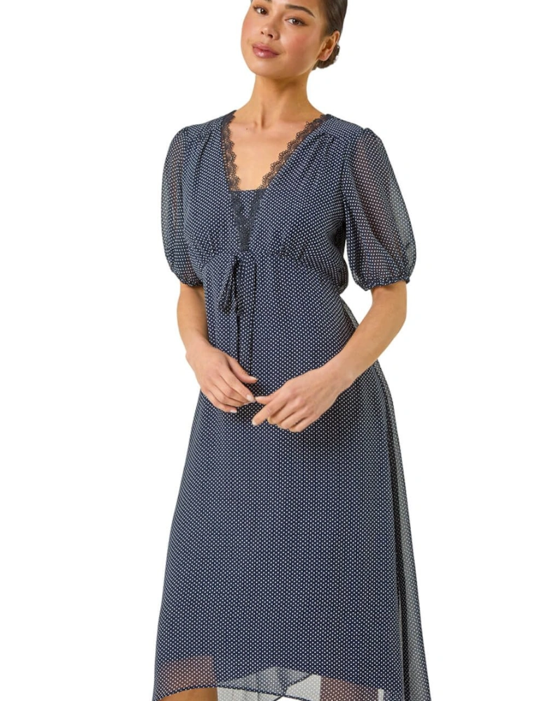 Petite Spot Print Lace Bow Midi Dress