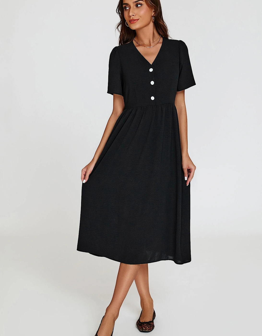 Button Front Midi Dress In Black, 2 of 1