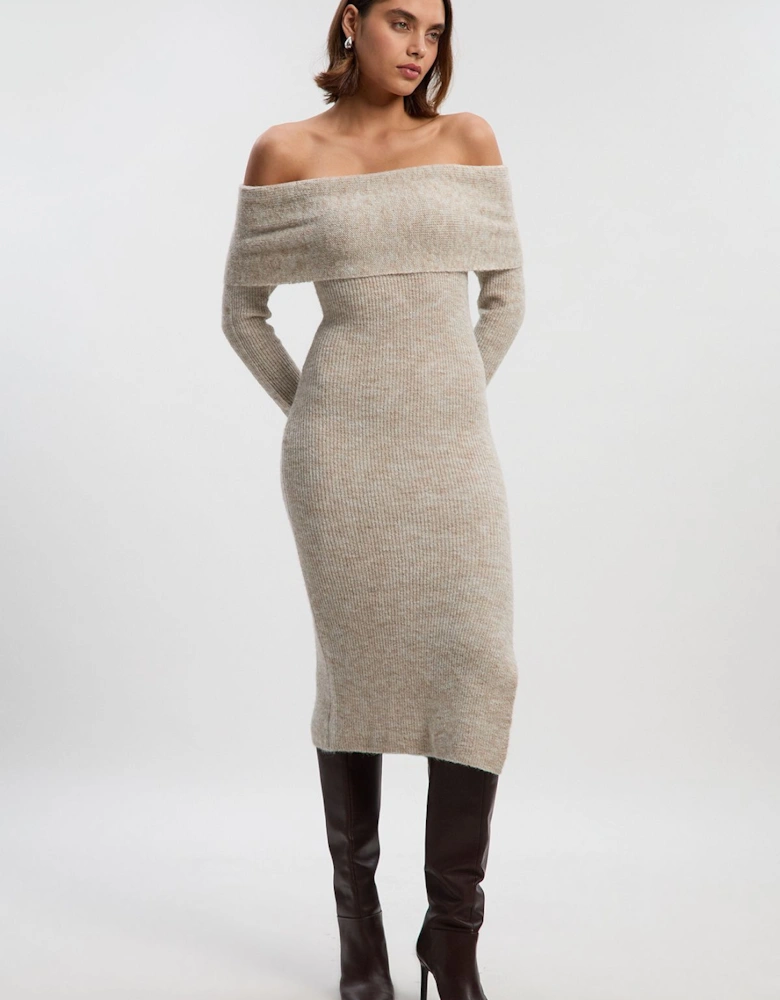 Wool Blend Cosy Bardot Knit Midi Dress