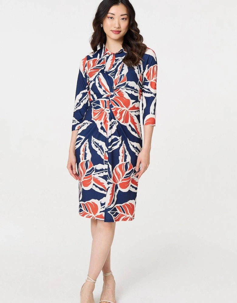 Floral Ruched 3/4 Sleeve Midi Dress
