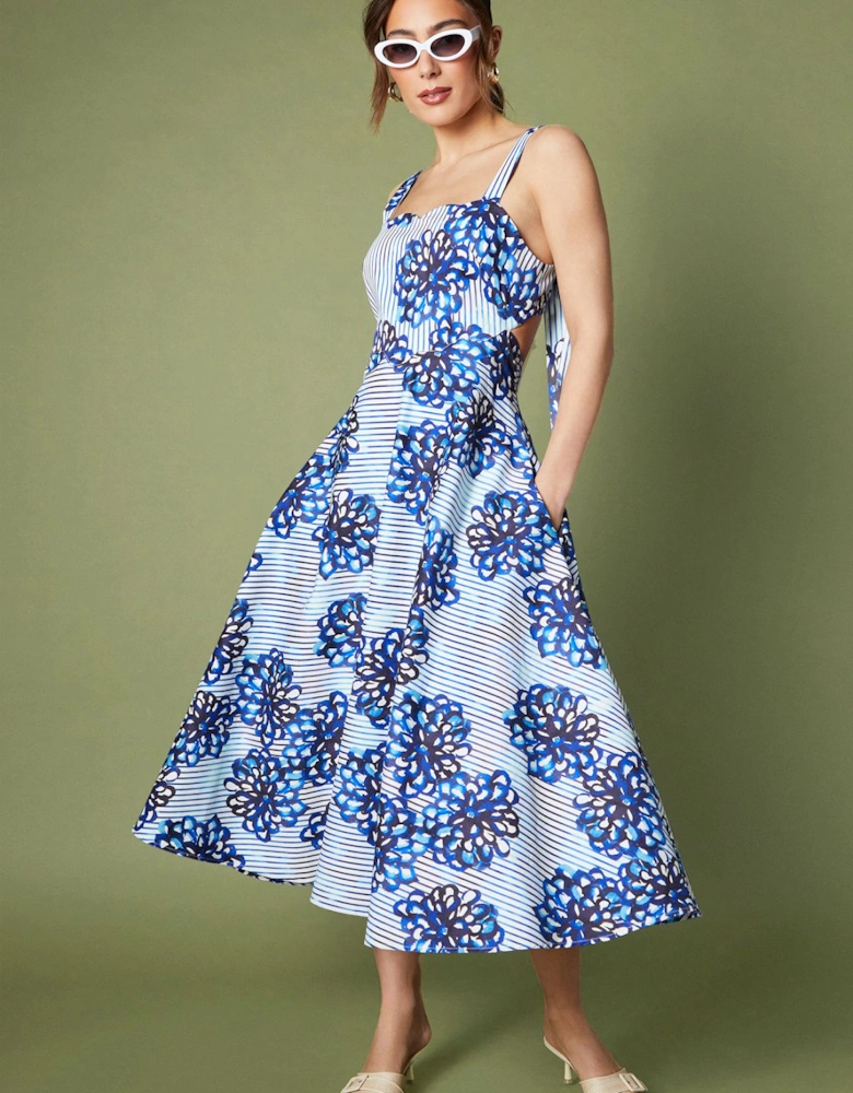 Scallop Cut Out Blue Stripe Strappy Dress