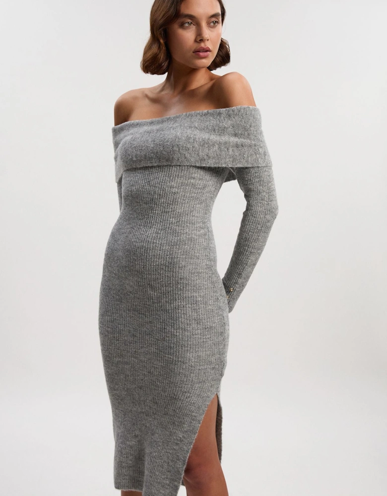 Wool Blend Cosy Bardot Knit Midi Dress