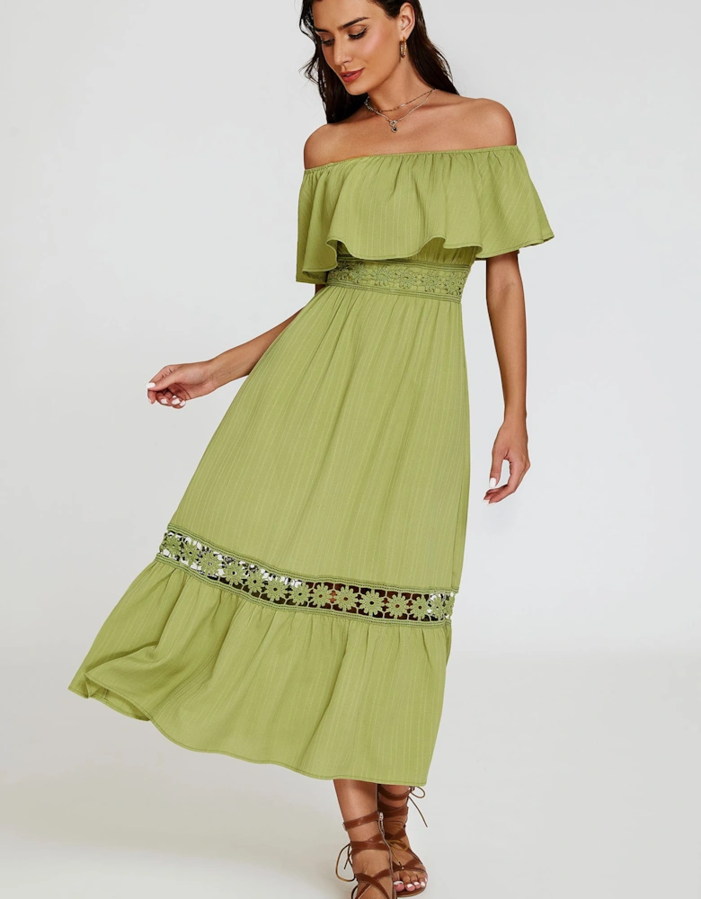 Lace Detail Bardot Maxi Dress In Green