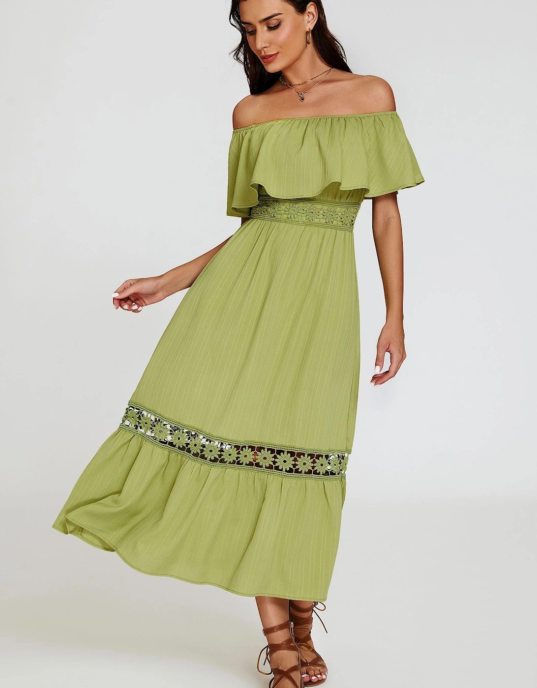 Lace Detail Bardot Maxi Dress In Green, 2 of 1