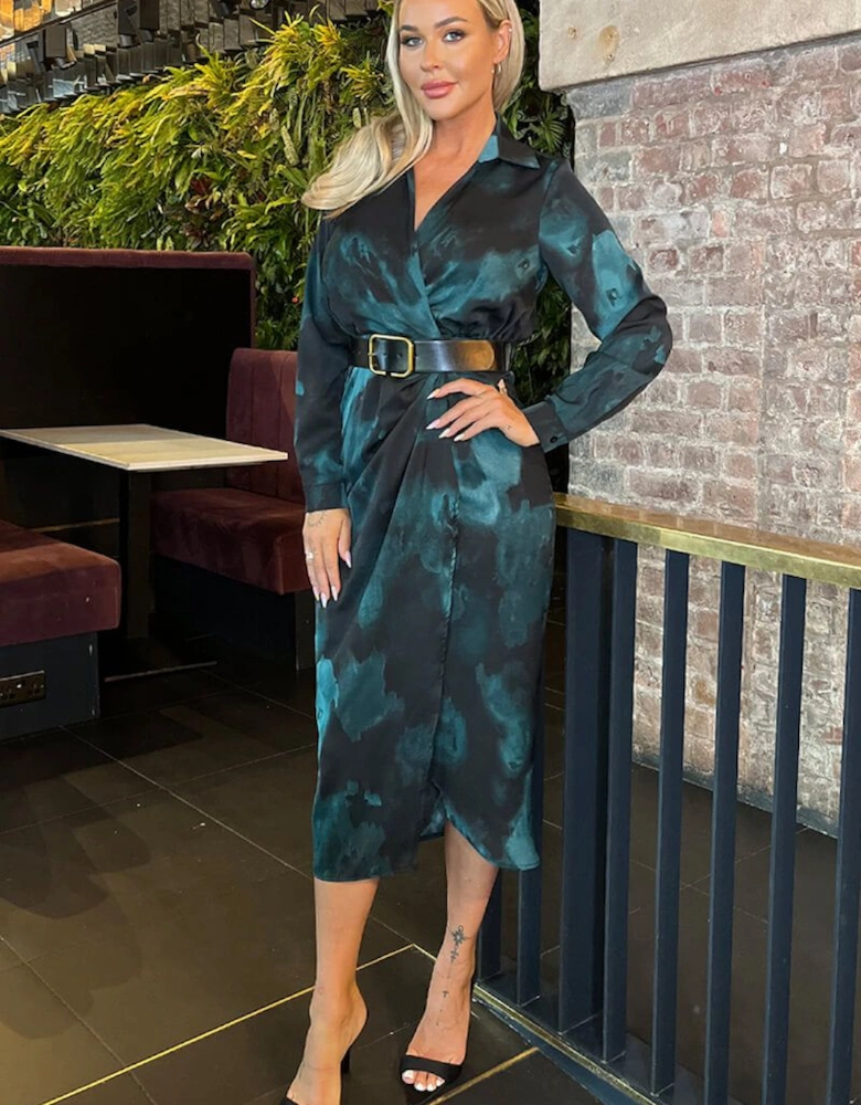Teal And Black Smudge Print Belted Wrap Midi Shirt Dress