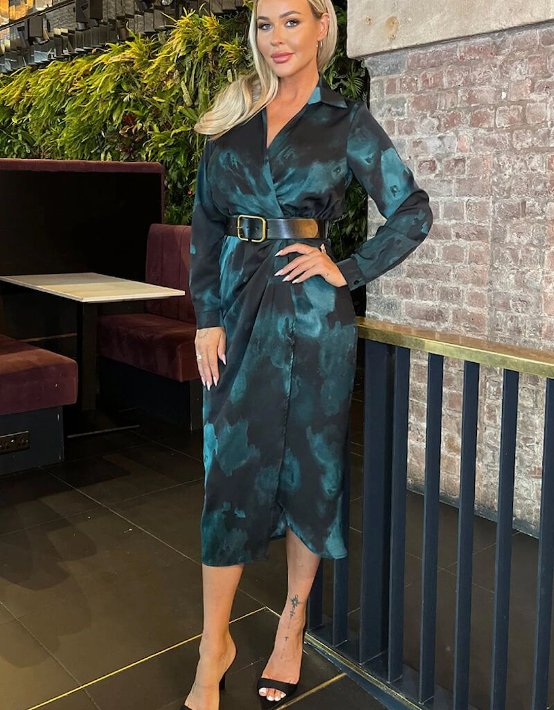 Teal And Black Smudge Print Belted Wrap Midi Shirt Dress, 2 of 1