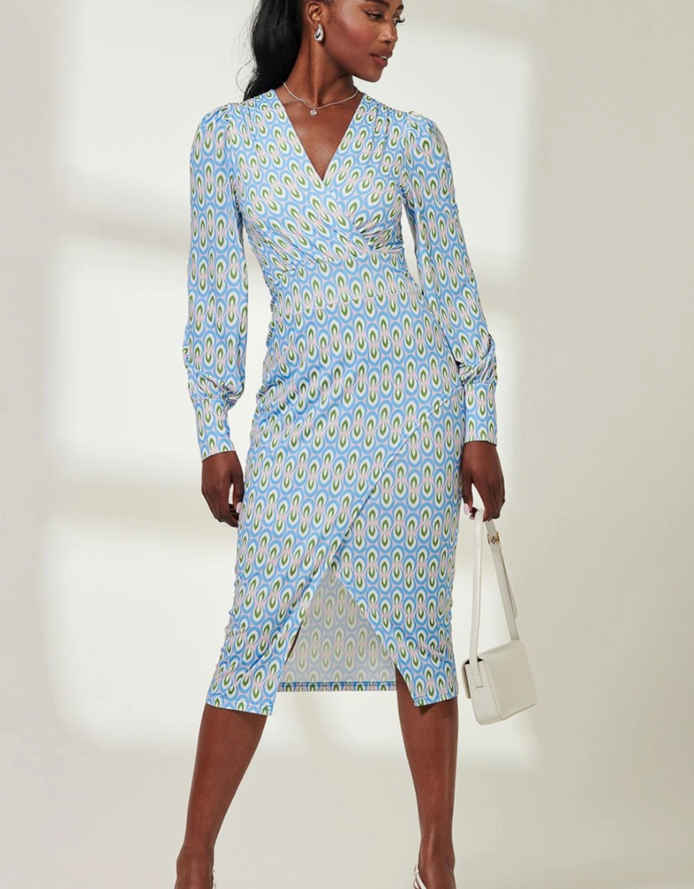Print Long Sleeve Jersey Pencil Dress