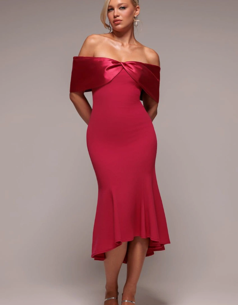 Twist Knot Satin & Scuba Bardot High Low Midi Dress