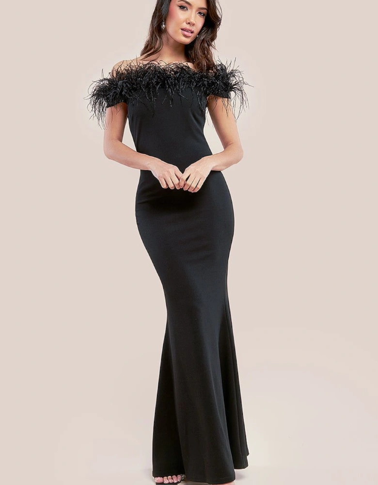 Scuba Off The Shoulder Feather Trim Maxi