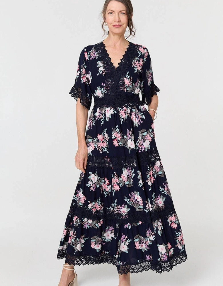 Floral Lace Tiered 3/4 Sleeve Maxi Dress