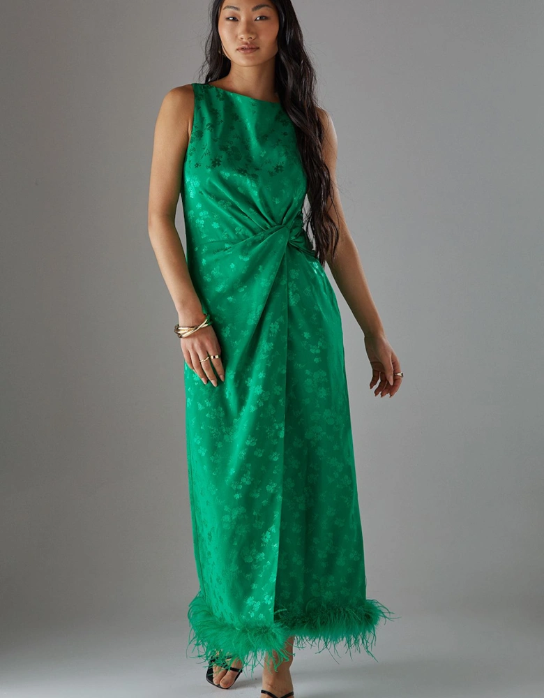 Petite Satin Jacquard Feather Twist Front Cowl Back Midi Dress