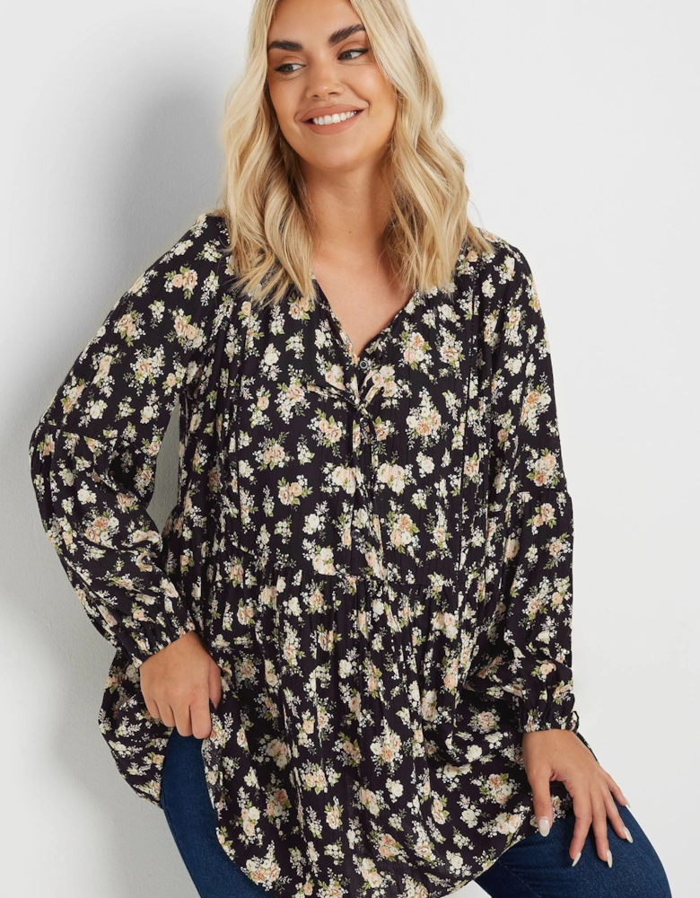 Floral Print Long Sleeve Tie Neck Blouse