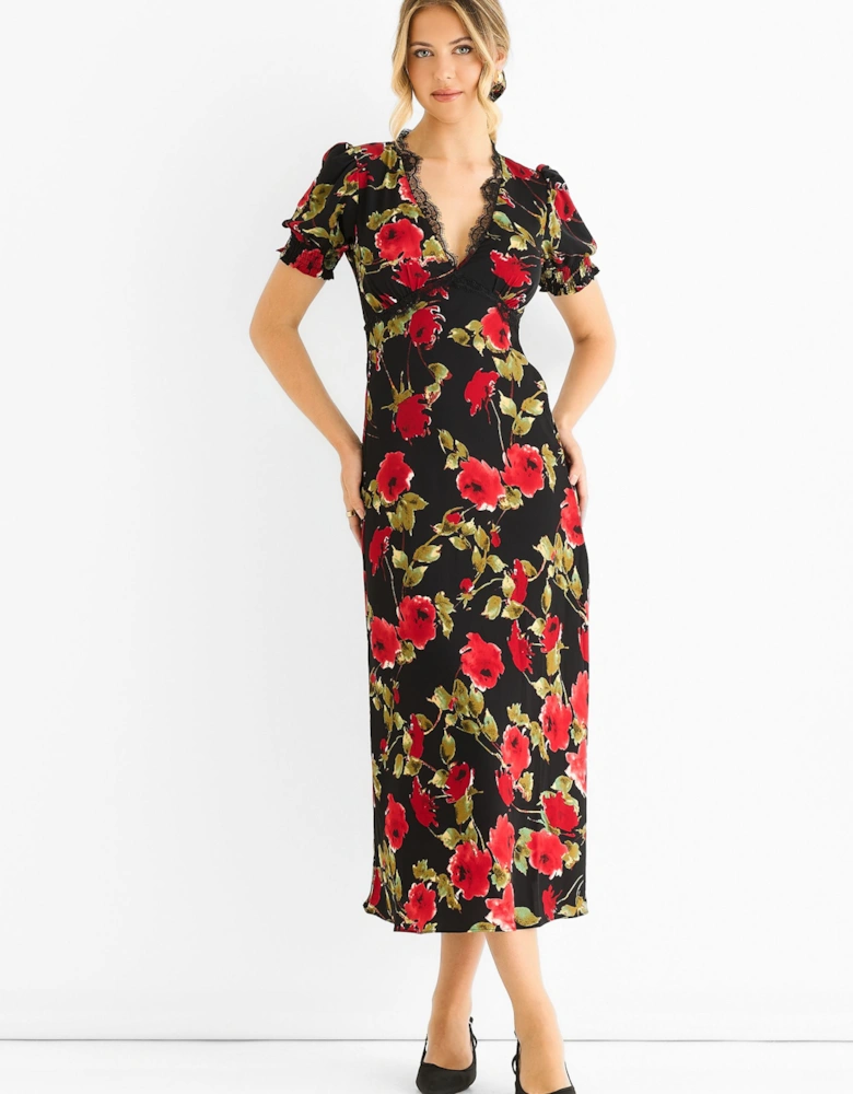 Black Floral Lace Trim Detail Midi Dress
