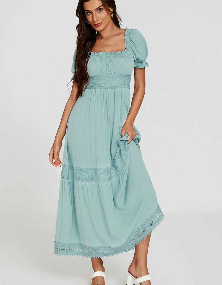 Lace Detail Bardot Maxi Dress In Blue