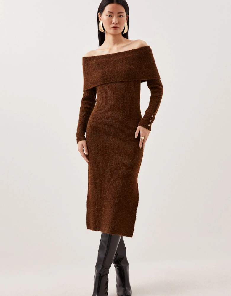 Wool Blend Cosy Bardot Knit Midi Dress